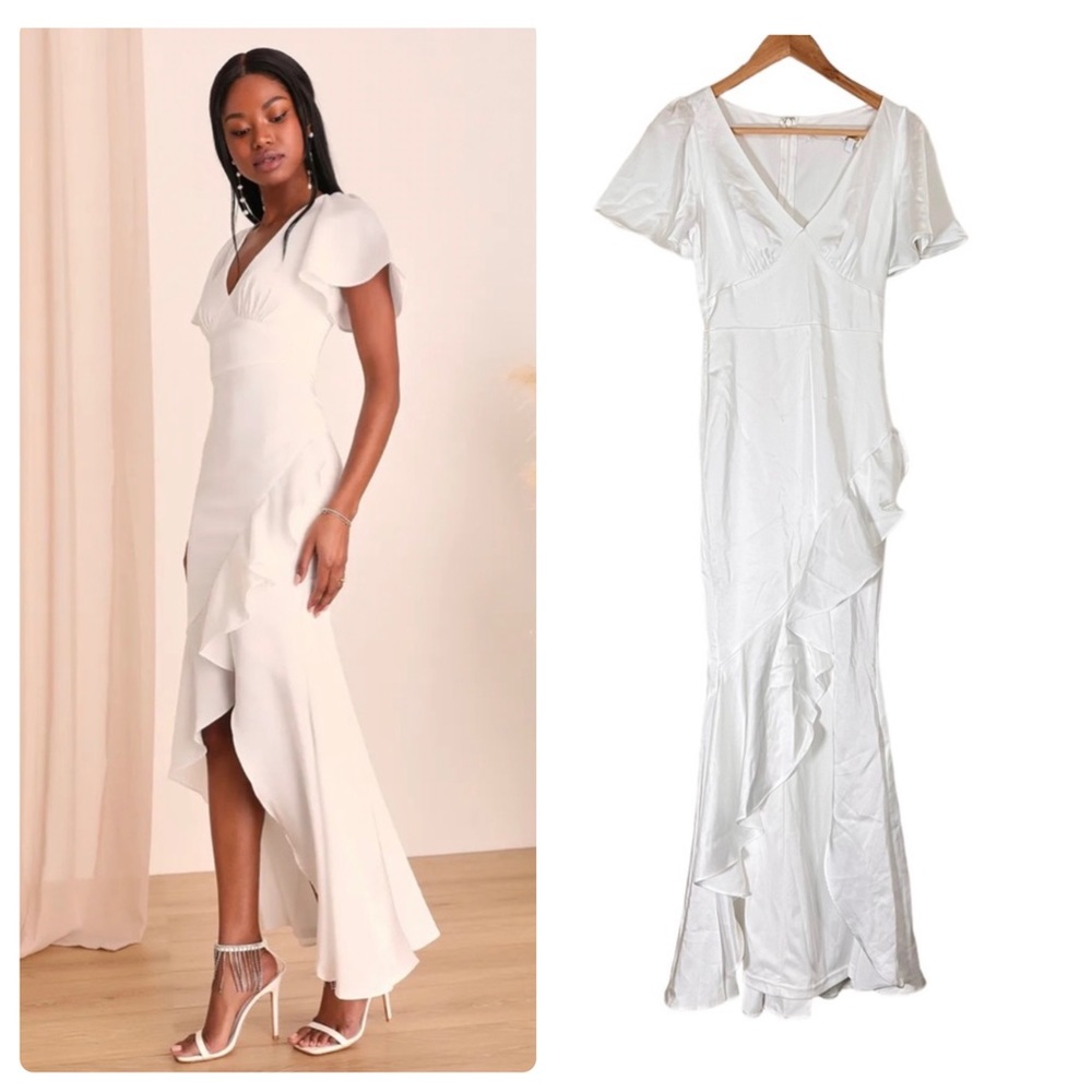 Lulus Eternal Bond White Satin Ruffled Flutter Sleeve Maxi Dress